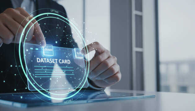Data foundation quality. ai transformation business modern dataset card interface transparent tablet with professional hand crafting future ready