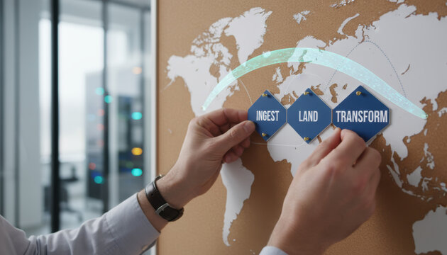 Data foundation quality. ai transformation business hands pin map board strategic planning global workflow cohesion