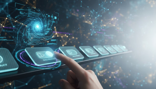 Data foundation quality. ai transformation business powering intuitive data processing interface with futuristic network nodes and optimistic