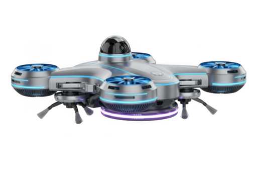 Futuristic drone with blue and purple lights isolated on transparent background
