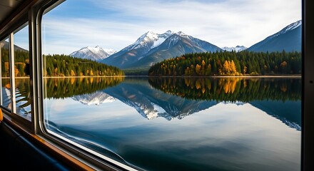 Obraz premium A serene journey past a crystal-clear lake mirroring snow-capped peaks and vibrant autumn foliage