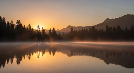 Golden sunrise paints a breathtaking canvas across a serene mountain lake, with misty reflections of towering trees and a tranquil morning glow