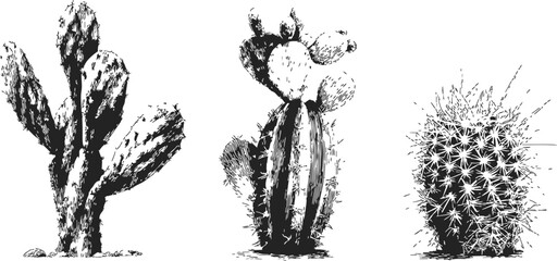 Cactus trio sketch, hand drawn desert plants with prickly details — stock vector