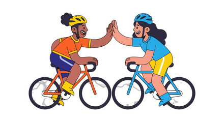 Fototapeta premium Cyclists Celebrate Victory with High Five While Riding Bikes for Fitness and Togetherness