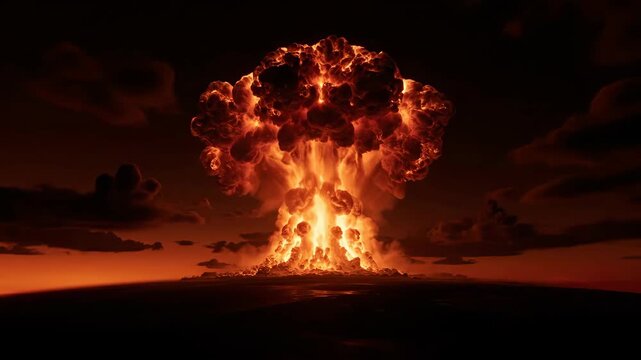 A colossal nuclear explosion with a fiery mushroom cloud dominates the scene at twilight, set against a dark sky and ground in warm tones, creating an ominous atmosphere. 