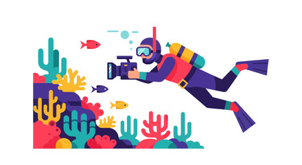 Obraz premium Diver Captures Underwater Fauna Using Camera with Stylized Design on Black Background