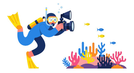 Naklejka premium Diver Captures Underwater Marine Life Photography With Illustrative Flat Design
