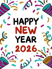 Joyful Happy New Year 2026 Celebration Design Featuring Exploding Confetti, Streamers, and Party Poppers for Festive Wishes