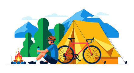 Fototapeta premium Cyclist Resting Beside Camp, Enjoying Nature Under the Mountains' Vantage Point