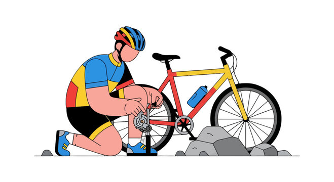 Cyclist Repairing Bicycle In Minimalist Style Against Solid Black Background