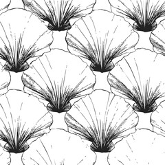 Obraz premium Seashell seamless pattern sketch, hand drawn scallop shells repeating background — stock vector