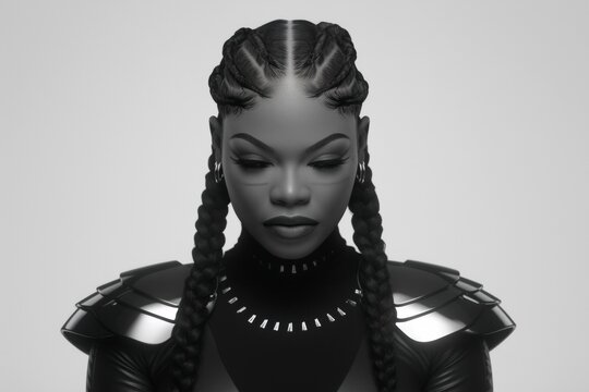 African american woman with long box braids in a black futuristic armored suit for sci-fi, warrior, and strong female character concept.