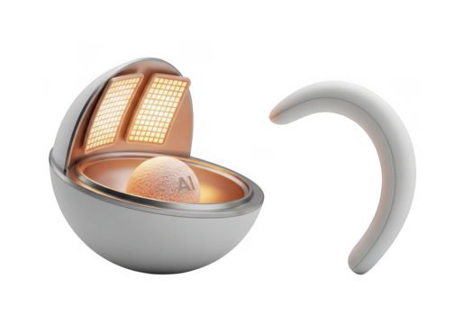 Futuristic white egg shaped device with internal light and curved component isolated on transparent background