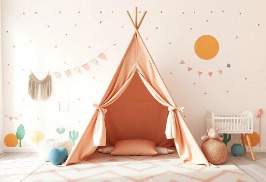 Adorable teepee playhouse in a nursery, whimsical wallpaper backdrop, bedroom, kids room