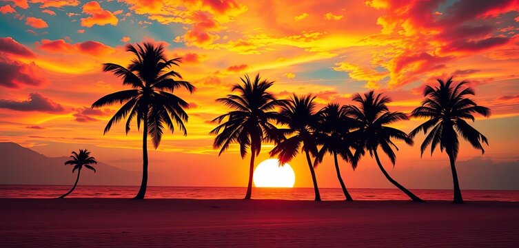 Vibrant sunset hues paint a deserted tropical beach, abstract digital art  Palm trees silhouette against the fiery sky, island, tropical - Powered by Adobe