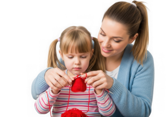 Mother and daughter happily knitting together a red woolen craft isolated on transparent background