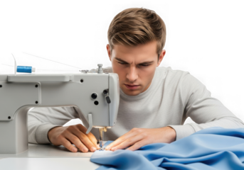 Young man intently sewing fabric with a white sewing machine isolated on transparent background