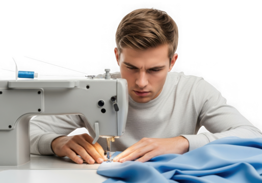 Young man intently sewing fabric with a white sewing machine isolated on transparent background