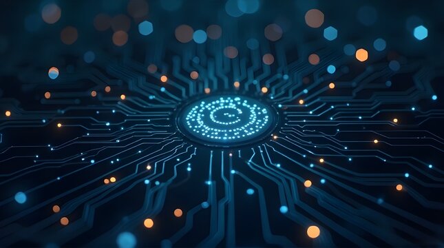 Futuristic Digital Circuit Board with Glowing Lines and Data Connections