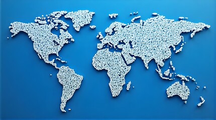 Digital World Map Created from White Text on Blue Background Global Communication