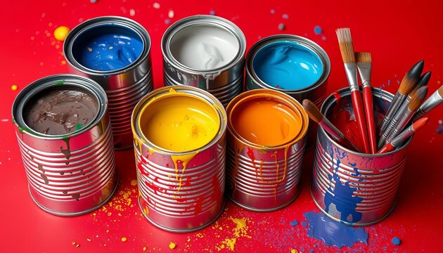 Red background, paint-splattered tin cans, art supplies, brushes,  repurpose,  creative