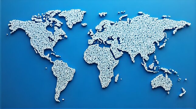 Digital World Map Created from White Text on Blue Background Global Communication
