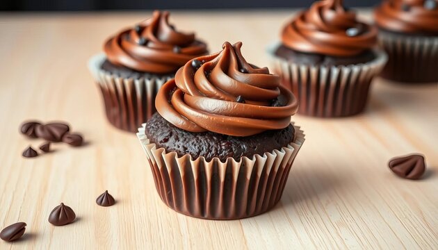Close-up of decadent chocolate cupcake on light wood background, home bakery, sprinkles - Powered by Adobe
