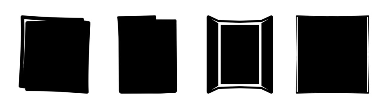 Four abstract geometric shapes including black squares and an outlined rectangle a minimalistic composition