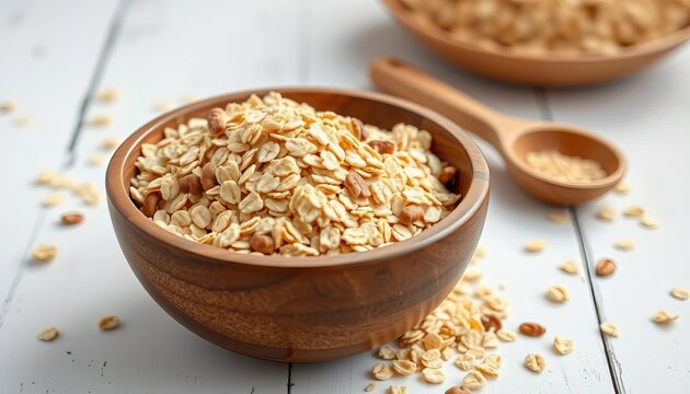 Wooden bowl overflowing with oatmeal flakes, scoop beside it on white ,   rustic style,   tasty