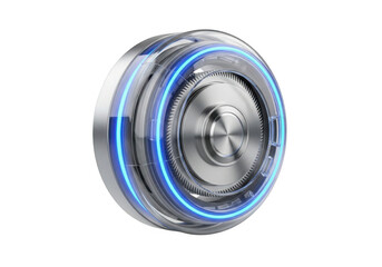 Futuristic circular device with blue glowing accents isolated on transparent background