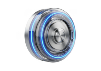 Futuristic circular device with blue glowing accents isolated on transparent background