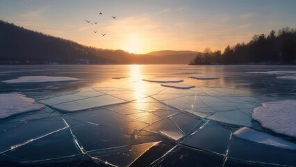 Frozen lake with sunset and birds