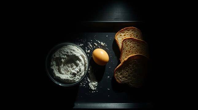 Minimalist Kitchen Still Life with Egg, Flour, and Toast on Dark Tray