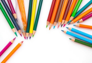 Fototapeta premium A vibrant array of colored pencils neatly arranged against a stark white backdrop, sketching, stationery