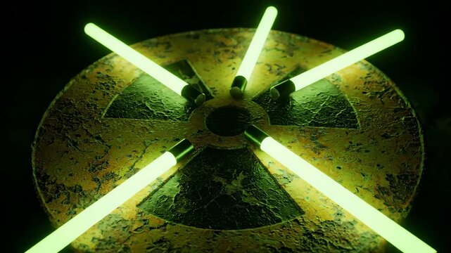Overhead view of a textured circular surface with a radiation symbol, surrounded by glowing green rods. Dark setting with focused lighting accentuates metallic details.