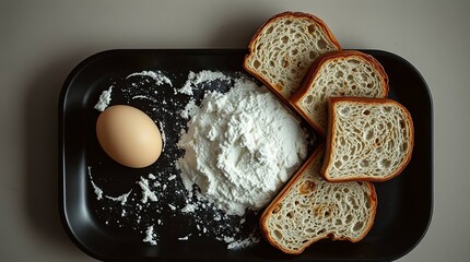 Artisanal baking concept with fresh ingredients, including flour, an egg, and toast on a dark tray