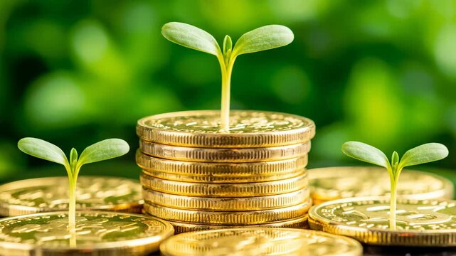 Golden coins stacked with green sprouts on a blurred green background, growth, investment, financial success, sustainable business, and eco-friendly economy.
