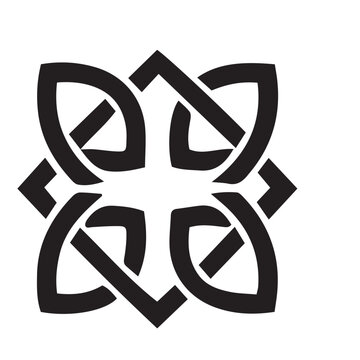 Black symmetrical Celtic knot design with four interwoven points forming an abstract floral or star shape on a white background.