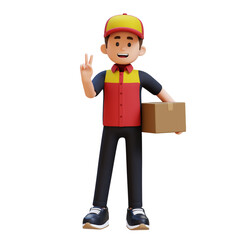 Friendly delivery man in uniform holding a package and making peace sign. 3D render against black