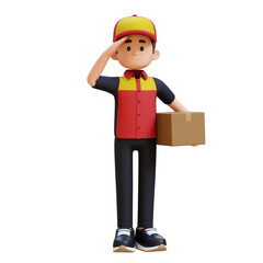 Friendly delivery person in uniform salutes holding a package. 3D render