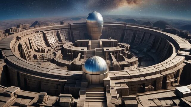 An aerial view of a massive circular ancient structure in a desert, featuring two prominent silver, egg-shaped objects at its center.