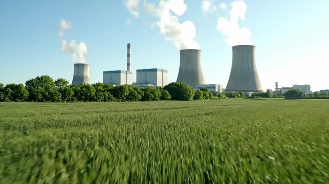 A verdant wheat field leads to a nuclear power plant on the horizon under a partly cloudy blue sky, plumes of white smoke against the sky indicating energy generation.
