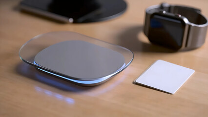 Tech Gadgets on Desk, Smartwatch and Charging Pad, Wireless Charging Station for Gadgets