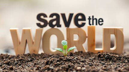 Nurturing our planet a vibrant seedling thrives by 'save the world' message, inspiring ecological awareness
