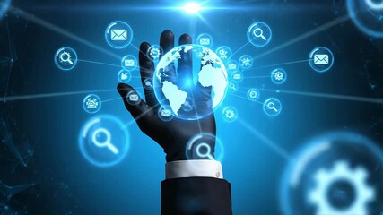 Conceptual shot of a hand holding a digital globe with glowing blue connections, illustrating global network technology, communication, innovation, and connectivity on gradient backdrop. - Powered by Adobe