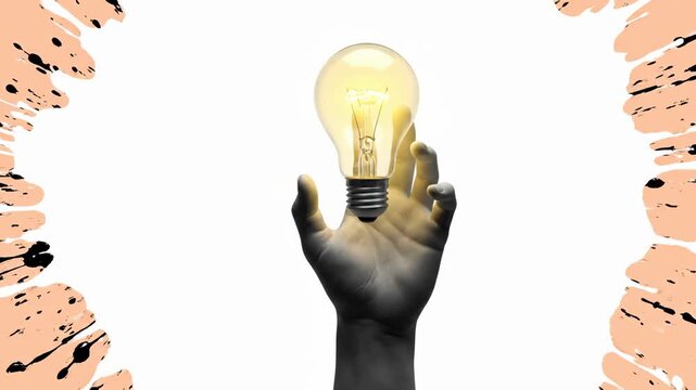 A hand with a turquoise sleeve is holding a glowing light bulb, set against an abstract splash background. This image evokes innovation, creativity and bright ideas.