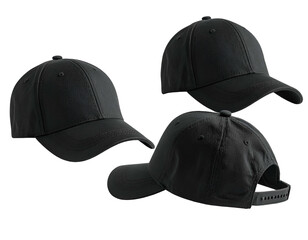 Three dark baseball caps shown from different angles