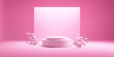 Minimal Pink Podium with Leaves on Clean Background for Product Display