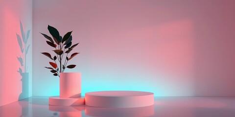 Abstract minimalist product display scene with podiums and plant under dramatic cinematic neon lighting