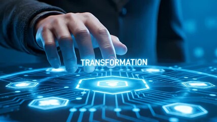 Close up of a hand touching a digital transformation button with circuit design against a blue background, emphasizing strategic business and tech evolution.